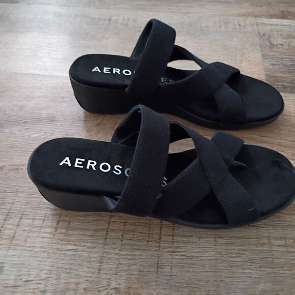 Aerosoles black Ilona Women's Wedge Strappy Cushioned Footbed Sandal 9 Worn Once - Picture 7 of 9